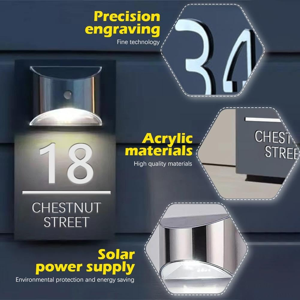 Custom Solar House Sign, Personalised House Number with Solar Light, Leddoor Name Plaque, Modern Door Number Plaque, Light up Door Plaque Address Sign for Houses/Yard image number 6