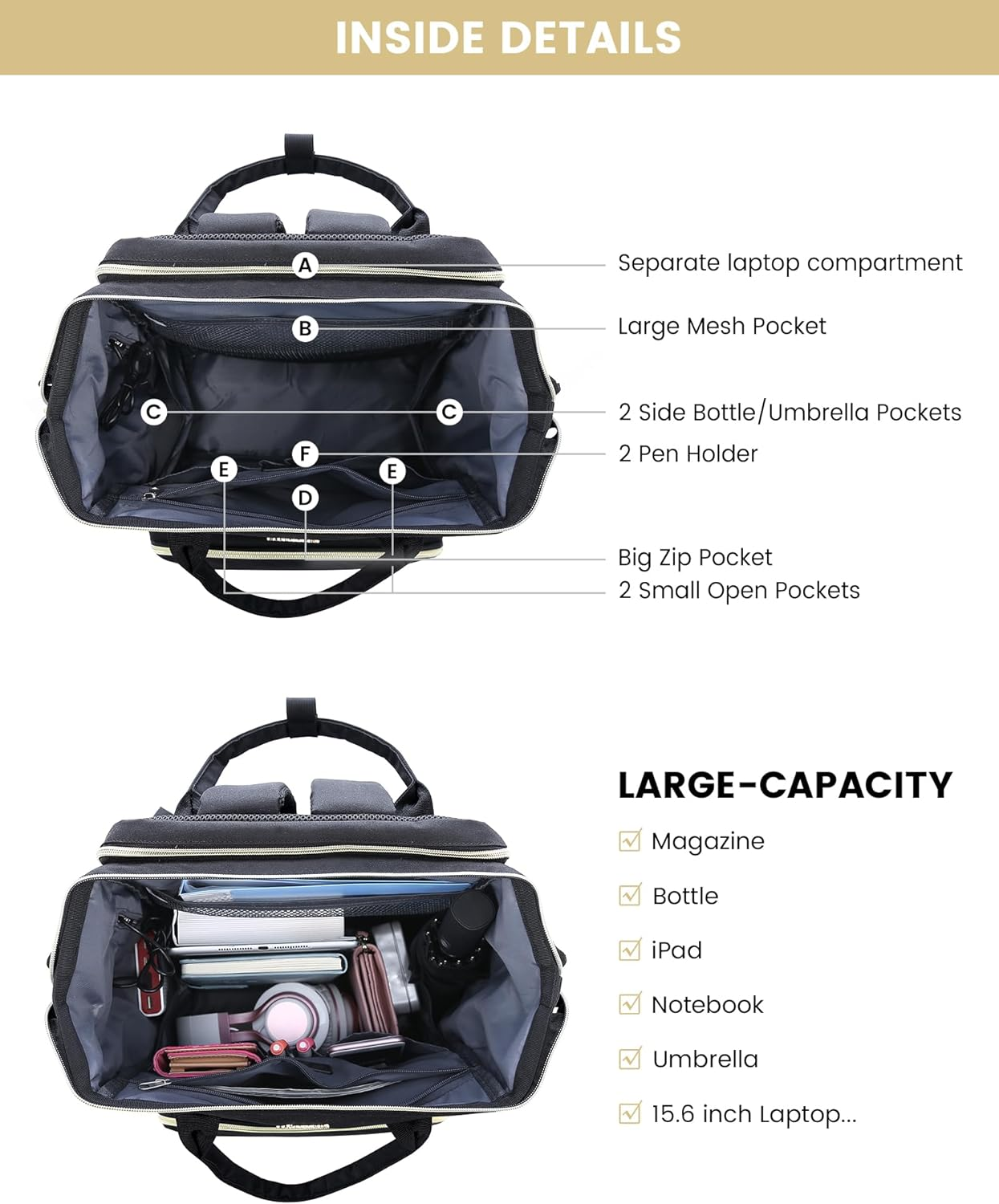 LOVEVOOK Laptop Backpack for Women, Travel with Compartment, Water Resistant Teacher Nurse Backpack, Anti-Theft Back Pack Charger Work Doctor, 15.6-Inch, Black