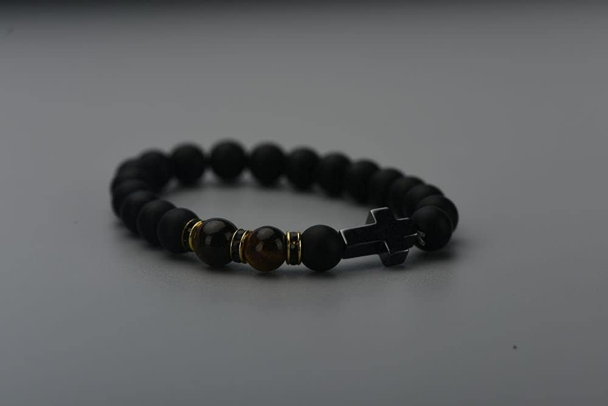 Cross Bracelet for Men Tiger Eye Catholic Rosary Bracelet for Men Boys Adjustable Natural Crystal Stone Bead anti Anxiety Stretch Bracelet image number 4