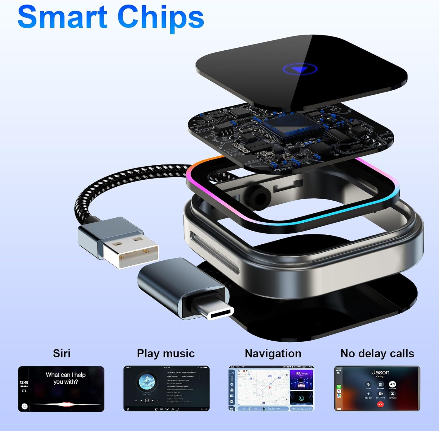 Tesansi Wireless Carplay Adapter for Iphone (2025 Full Upgraded) Audio Reactive Lighting Design for Apple and Android Carplay Dongle, Bluetooth Connection Plug and Play, Mini Size USB Type-A & Type-C