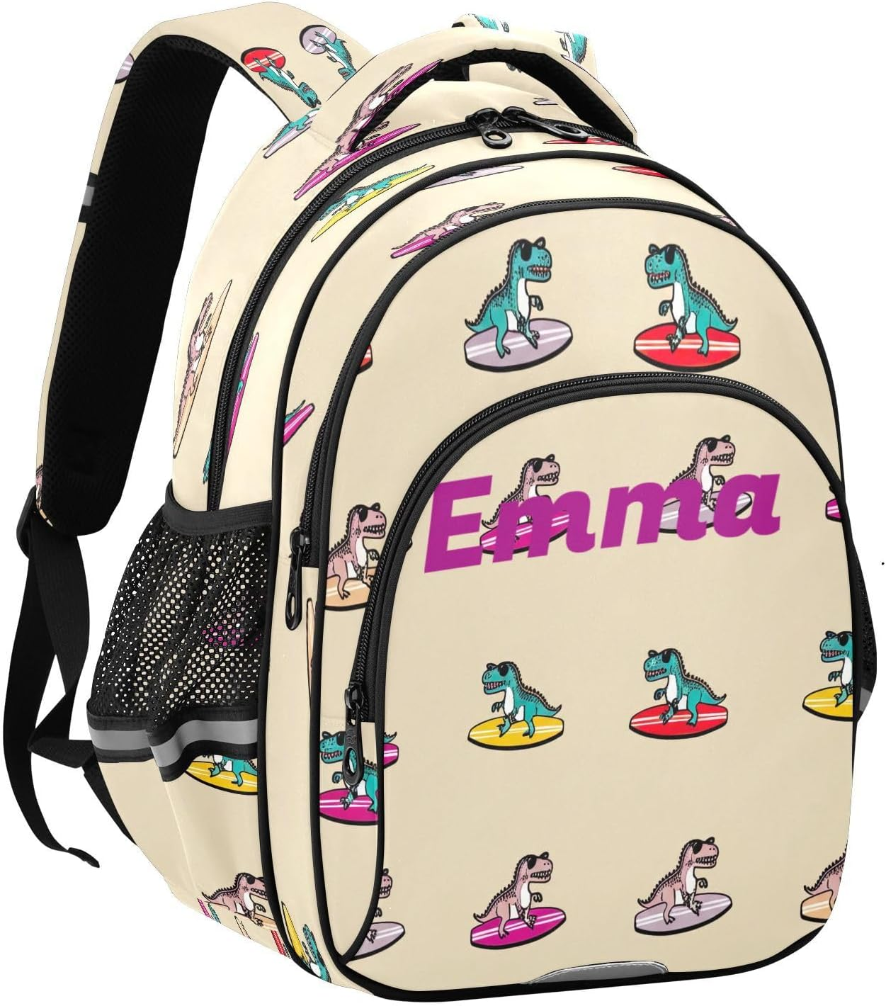 Personalized Cartoonish T Rex Beige Kids School Backpack for Boys Girls Ages 3-5, Cute 15 Inch Elementary Kids Backpack image number 3