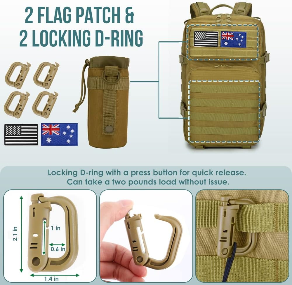 WOTOW Tactical MOLLE Military Bag for Men Women, Day Pack Ruskack Survival Emergency Army Combat Bug-Out Bag Backpack Kit with a Water Bottle Bag, 4 Carabiners and Magic Tapes image number 1