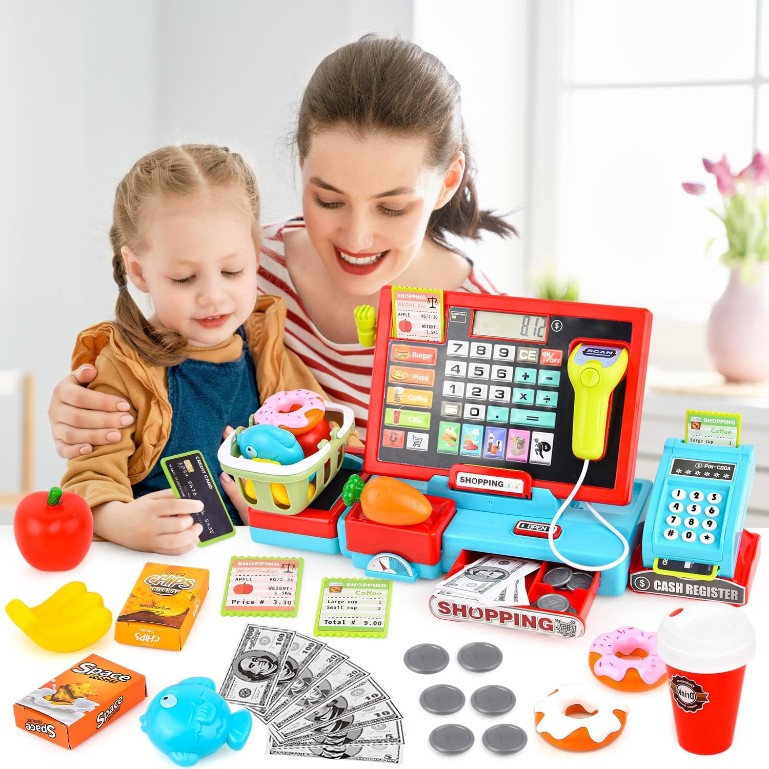 Cash Register Toys for Kids Pretend Play Store Supermarket Cash Register with Real Calculator,Scanner,Food,Microphone, Educational Learning Toy Playset Gift for Toddler Boy Girl (Blue) image number 5