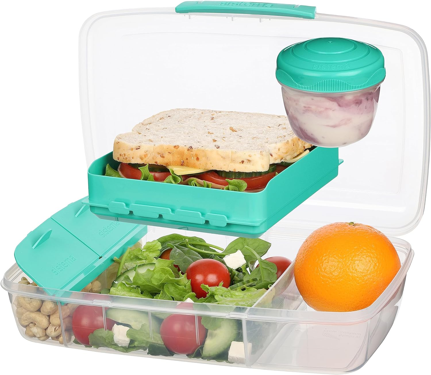 Sistema Bento Box to GO, Long | Lunch Box with Yoghurt/Fruit Pot | 1.76 L | Assorted Colours (Not Selectable)
