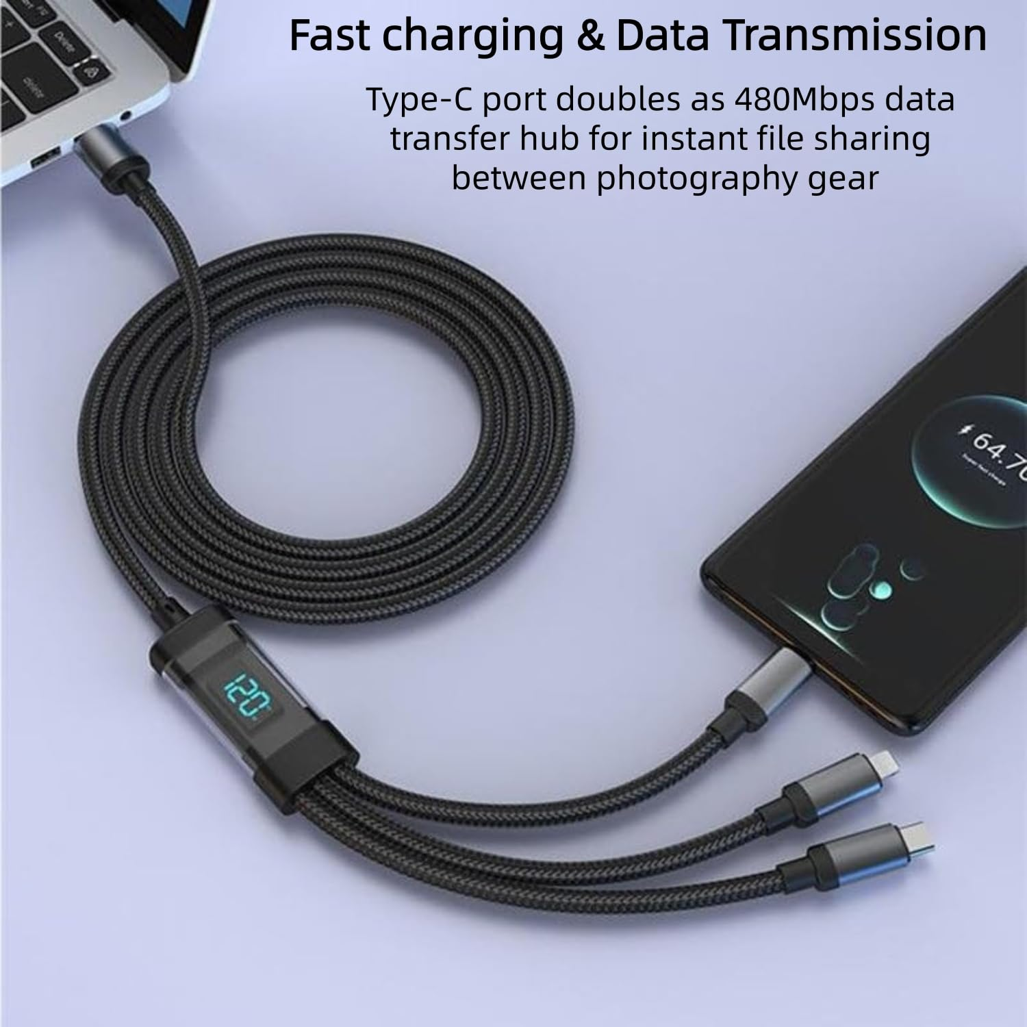 USB C Fast Charging Cable 120W 3 in 1, 2M/6.6Ft Nylon Braided Cord with LED Display, Universal Charger for Iphone 16/15/14/13, Samsung, Android, Pad, Type-C & Micro-Usb Devices image number 1