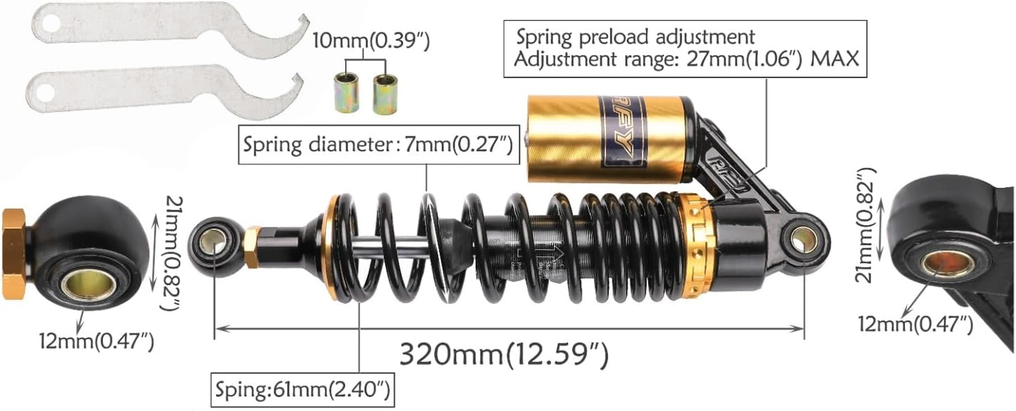 YC Yier 320Mm 12.6" Rear Shock Absorber for ATV Quad Dirt Bike Pit Bike and Go Kart Buggycoolster Taotao and Mini Bikes Off-Road Motorcycles Snowmobiles Scooter Sport Street Bikes image number 6