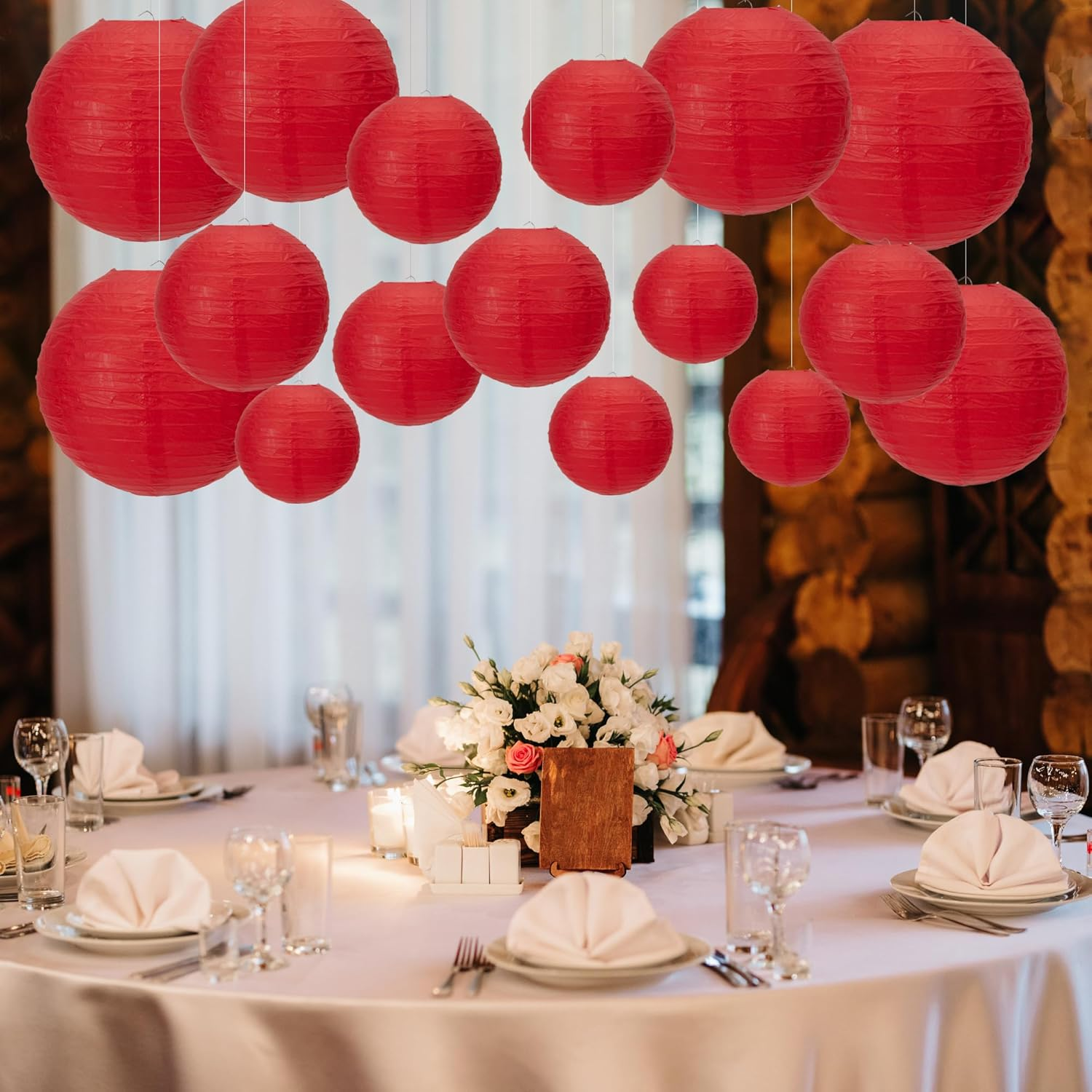 16 Packs Paper round Lanterns Party Hanging Lanterns with Assorted Sizes for Wedding Party Anniversary Decorations (Red) image number 5