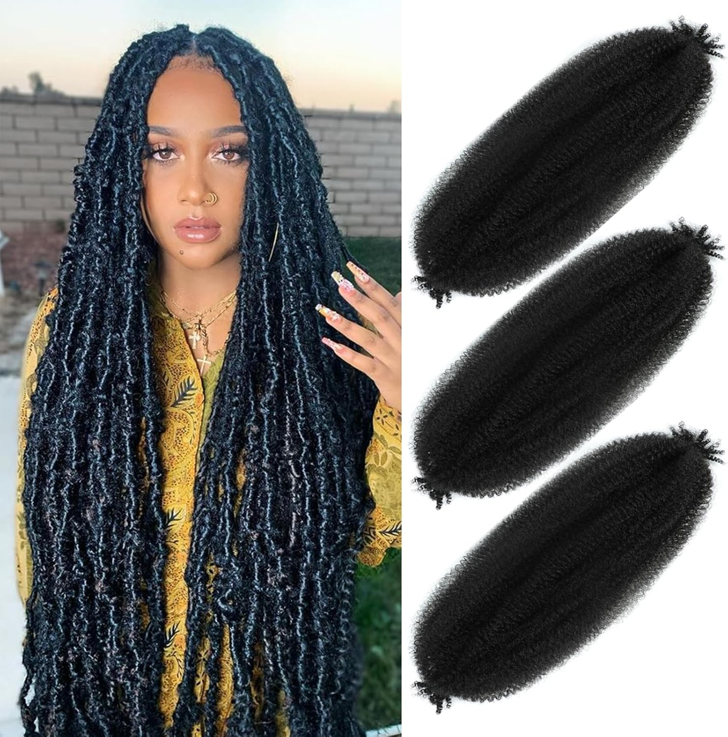 BLTYXT Springy Afro Twist Soft Pre Separated Synthetic Marley Twist Braiding Hair for Locs Crochet Hair Extensions (24 Inches (Pack of 3), 1B) image number 3