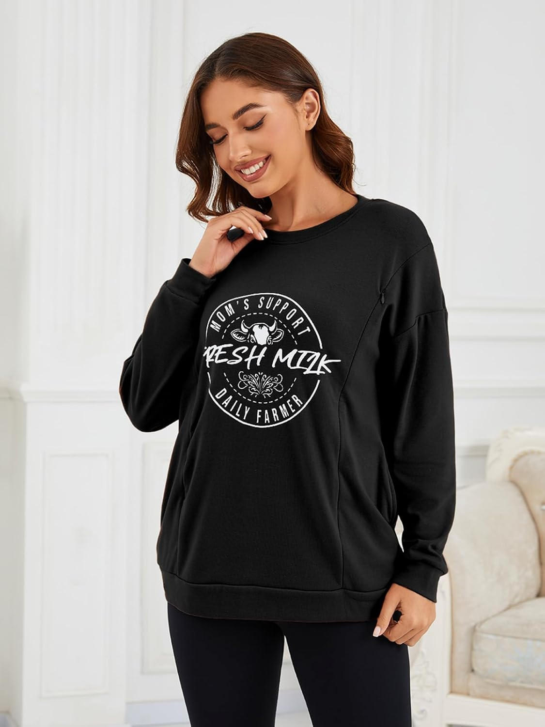 Love2Mi Women'S Long-Sleeved Nursing Shirt Casual Invisible Zip Sweatshirt for Breastfeeding Maternity Wear with Pocket image number 4