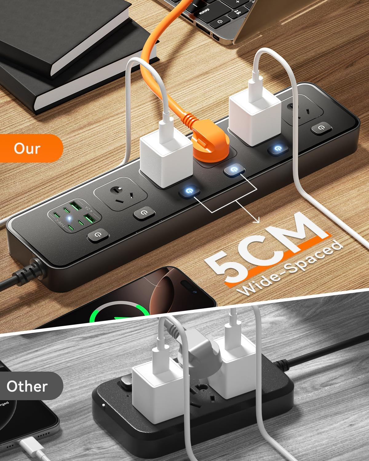 Power Board Individual Switch - 3250W Power Strip with 5 AC Outlets, 2 USB a and 4 USB C, Powerboard 1.8M Extension Cord for Home and Office, Overload Protection (Black) image number 3