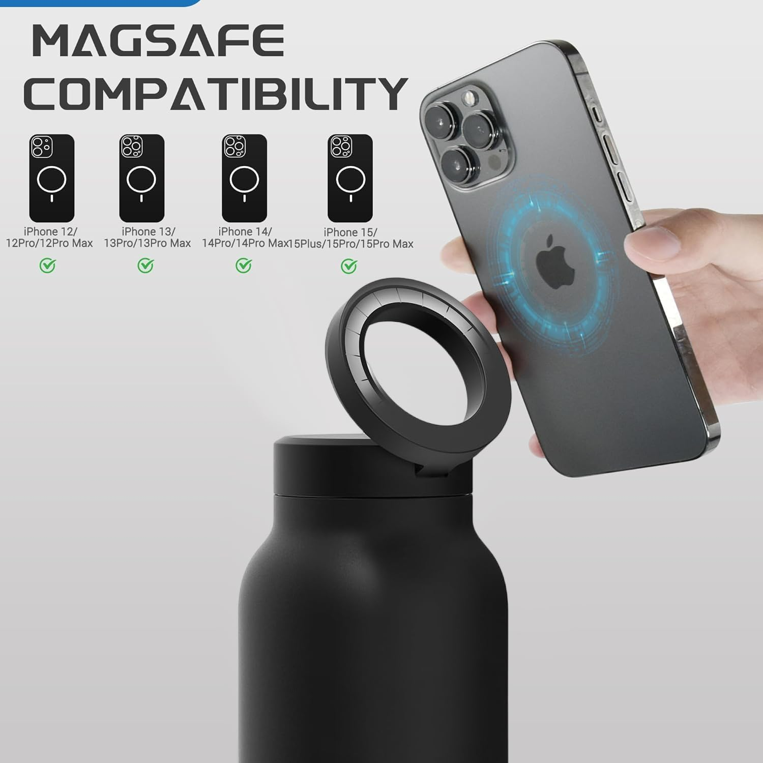 24Oz Water Bottle with Magnetic Phone Holder, Stainless Steel Water Bottles Compatible with Magsafe Phone Mount and Tripod for Iphone, Double Walled Insulated Tumbler for Gym, Sport image number 3