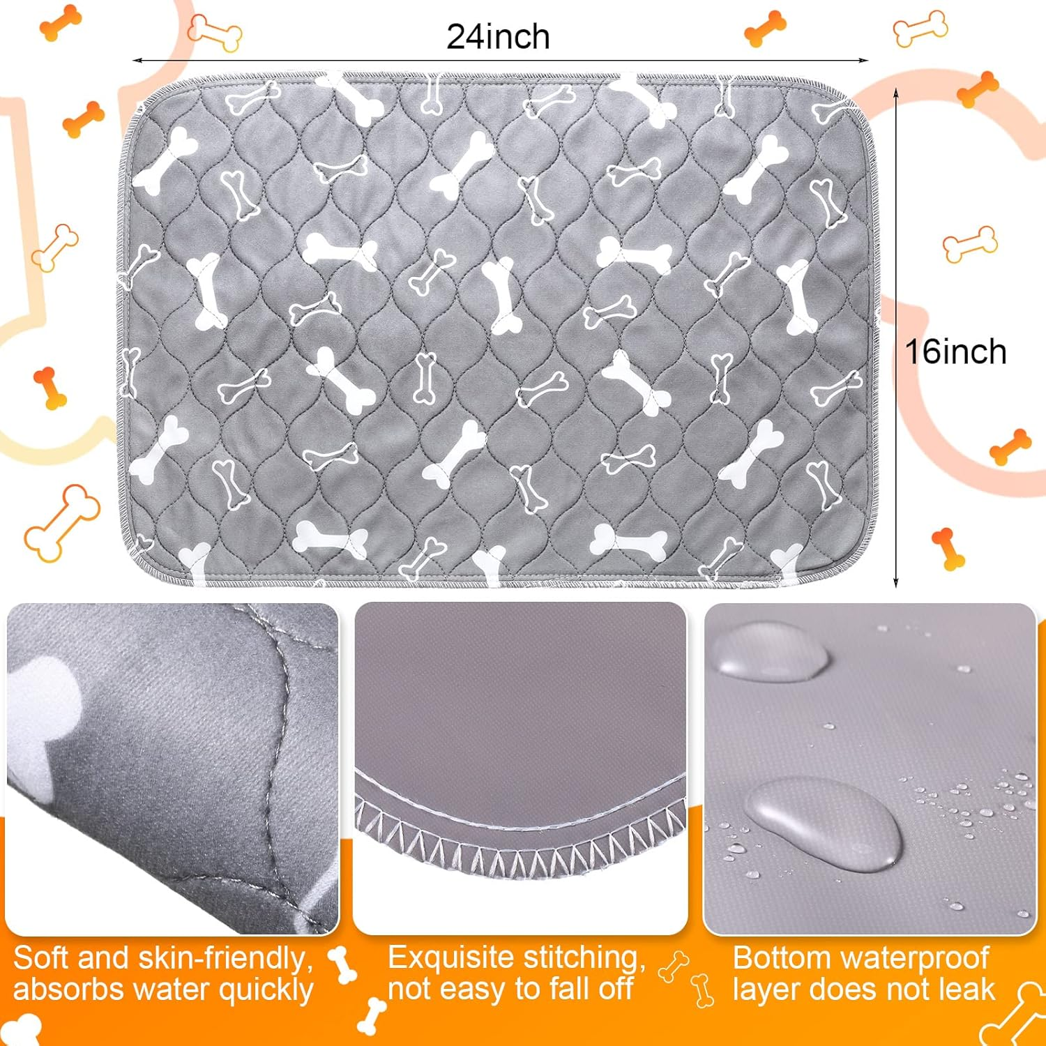 Namalu 6 Pieces Washable Pee Pads Reusable Pee Pads Absorbent Layered Waterproof Mat Cloth Whelping Pad Potty for Home Travel Crate Training Pad, Easy to Clean(Grey, 16 X 24 Inch)