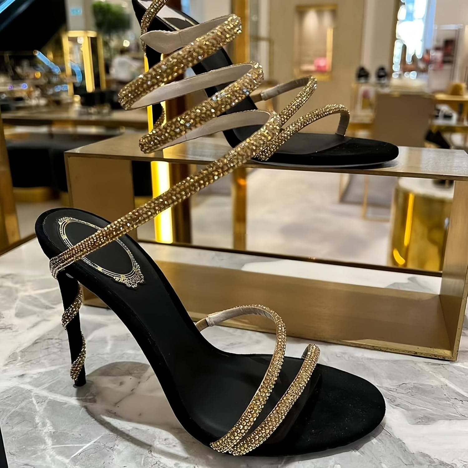 Womens Stiletto High Heel Sandals Tie up Open Toe Slingback Spiral Wrap around Summer Shoes with Rhinestone for Prom Party image number 2