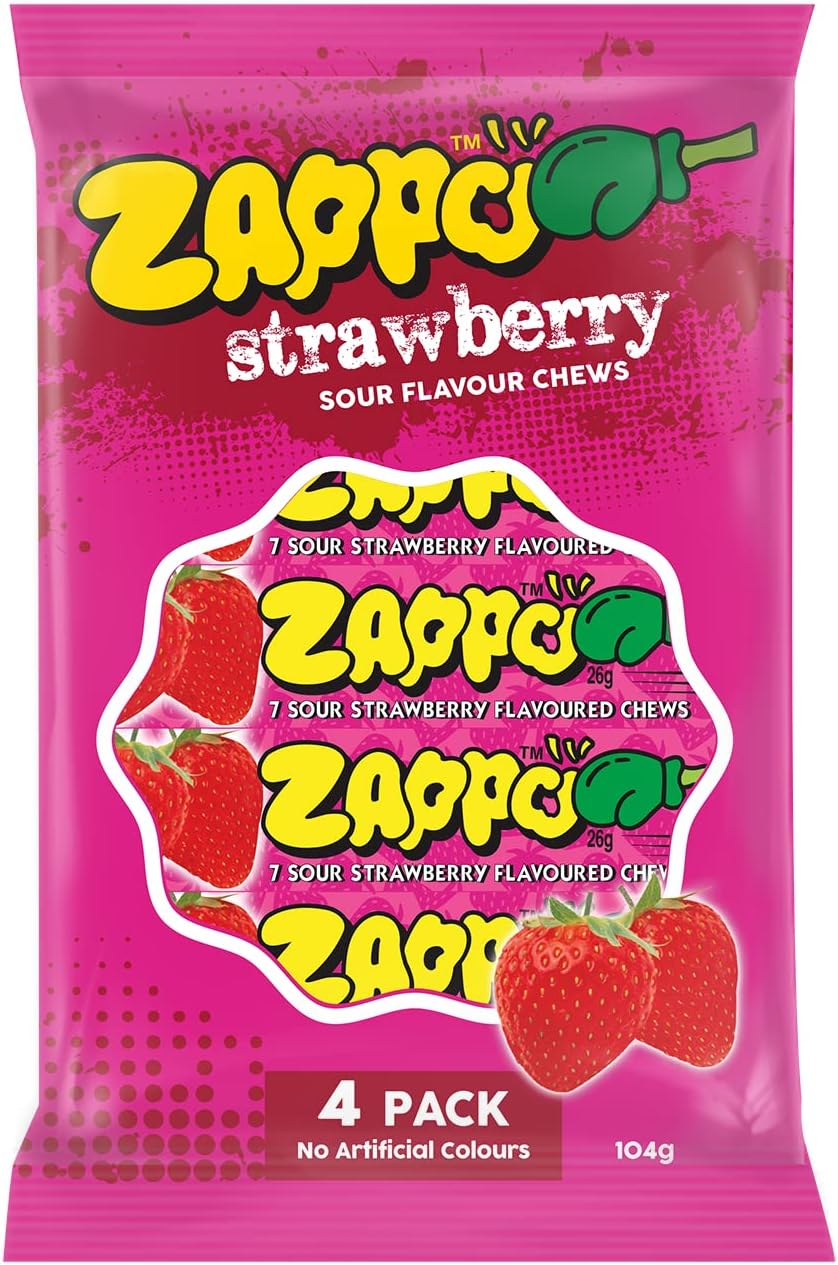 ZAPPO Sour Strawberry Flavoured Chews - 4 Pack (104G) image number 1