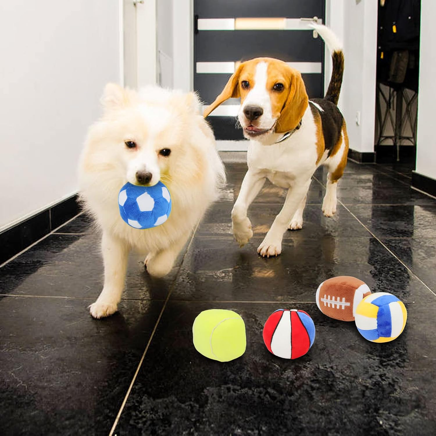 Interactive Dog Balls, 2 Pack Plush Squeaky Dog Toys Balls for Dogs, Football Volleyball Dog Toy Ball Indoor Outdoor Sports Stuffed Puppy Toy for Small Medium Dog(Football+Volleyball) image number 5
