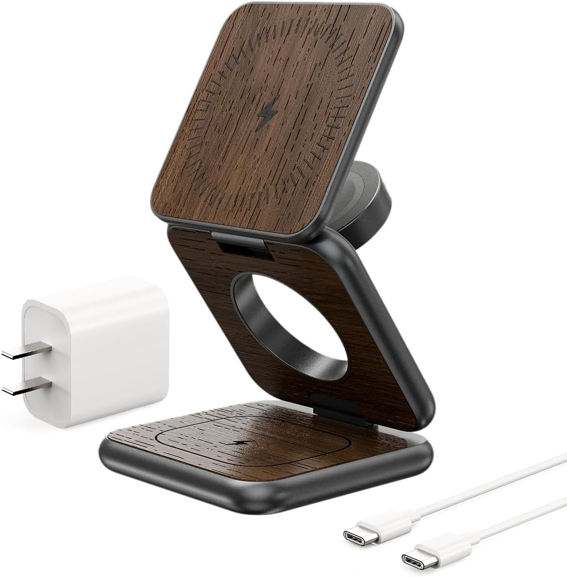 KU XIU X40 Magnetic Wireless Charger, 3 in 1 Wireless Charging Station for Apple Devices, Foldable Portable Fast Charging Stand for Iphone 17/16/15/14/13/12 Pro Max & Apple Watch, Airpods - Wood Grain