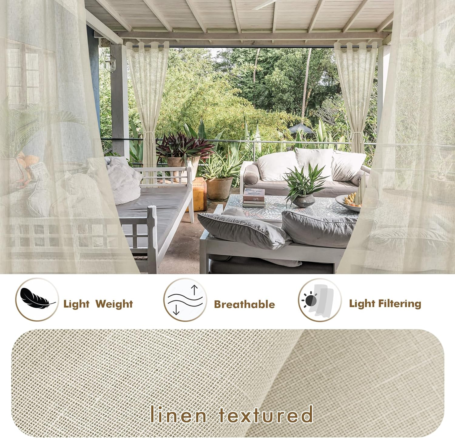 Holidayideas 4 Panels Outdoor Curtains for Patio-Natural Linen Semi Sheer Curtains for Patio Waterproof, Privacy Sun Light Indoor outside Drapes for Gazebo, Pergola, Balcony, Pool, Backyard 54X95 Inch