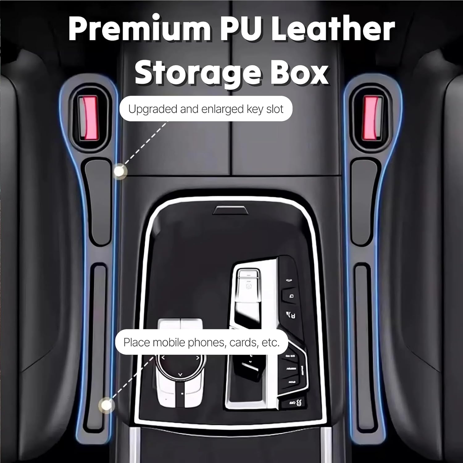 Universal Car Seat Gap Organiser 2 Pack, Premium PU Leather Storage Box for Cars, Suvs, Trucks, Non-Slip Phone/Key/Wallet Holder, Neat and Efficient Car Seat Gap Filler, Black image number 1