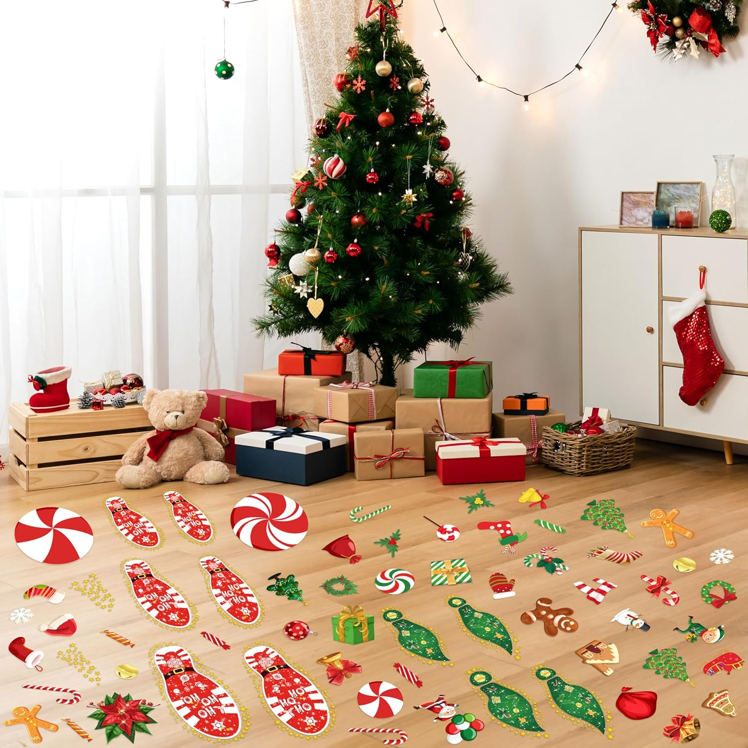200PCS Christmas Peppermint Floor Clings Footprints Decorations - Santa Claus / Elf / Candy / Snowman Decals Xmas Party Decor Supplies image number 3