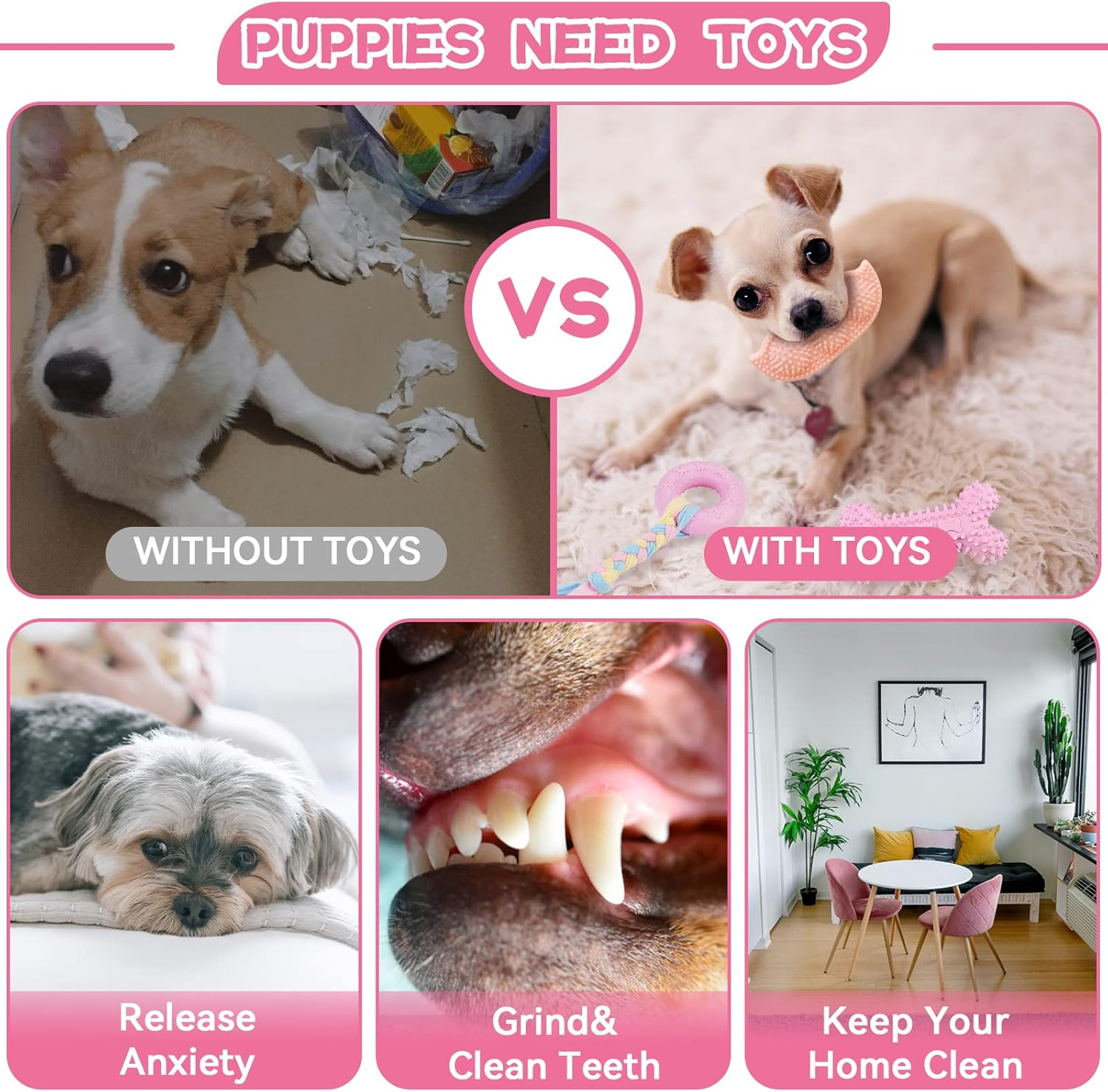 Petcare 6 Pack Puppy Chew Toys for Teething - Cute Pink Soft Rubber Rope Balls for Small Dogs, Yorkies - Fun Bones Clean Teeth image number 6