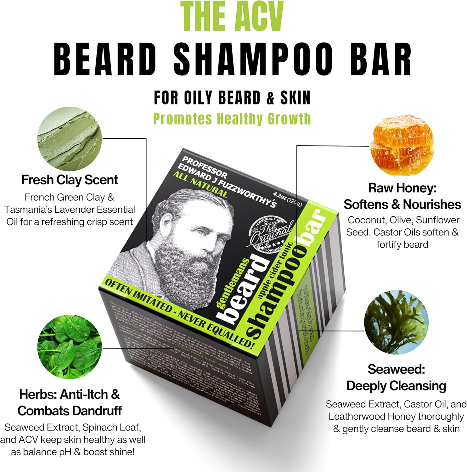 Professor Fuzzworthy'S Apple Tonic Beard SHAMPOO Bar - Light Refreshing Scent - 100% Natural Premium Ingredients | Promotes Healthy Beard Growth - 120G image number 3