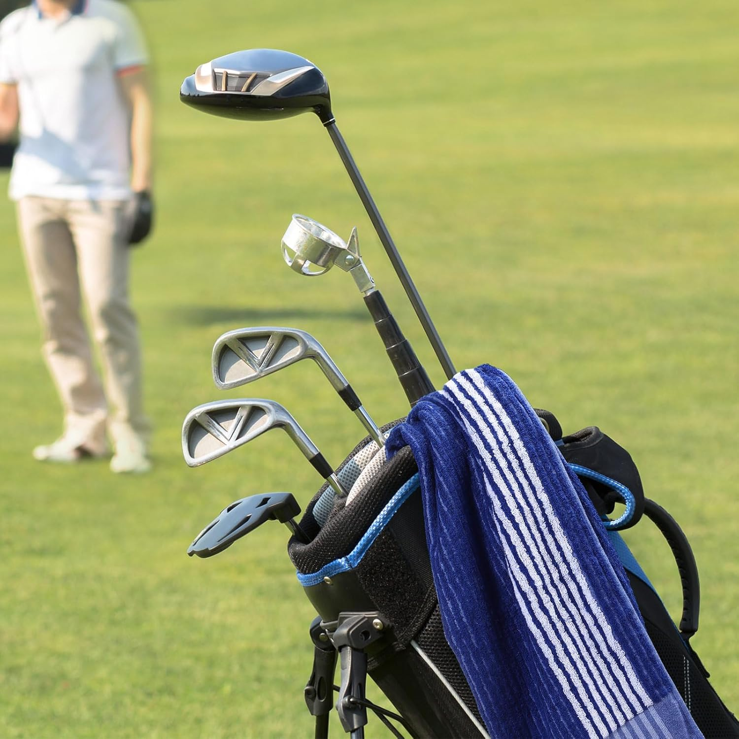 Buryeah Golf Towel 22 X 44 Inch Cotton Golf Caddy Towel Camping Large for Caddies Golfers Tour Players Club with Stripe(Blue,Gray,2 Pcs)