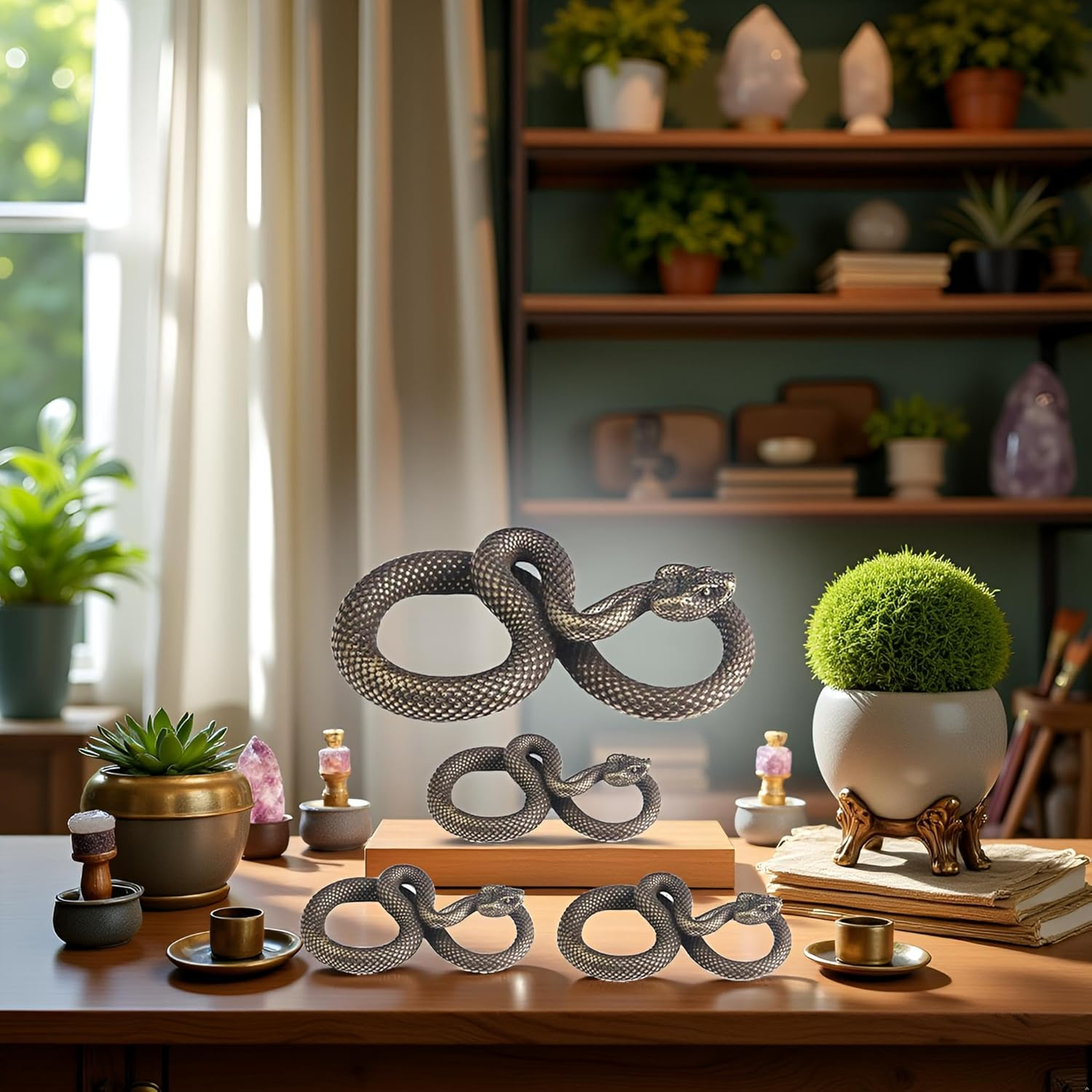4 Bronze Snake Figurines: High Simulation Fantasy Brass Vintage Style Snake Statues for Office, Desktop, Home Decor