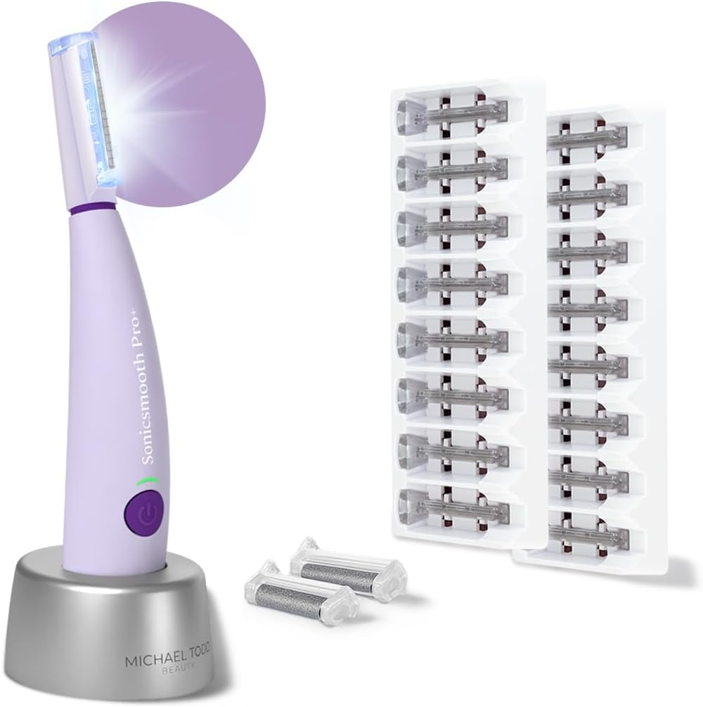 Michael Todd Beauty Sonicsmooth Pro+ Dermaplane Razor for Women Face + Eyebrow Trimmer Dermaplaning System W/Led Light Peach Fuzz Remover -16 Dermaplaning Blades & 2 Microsmooth Exfoliation Tips