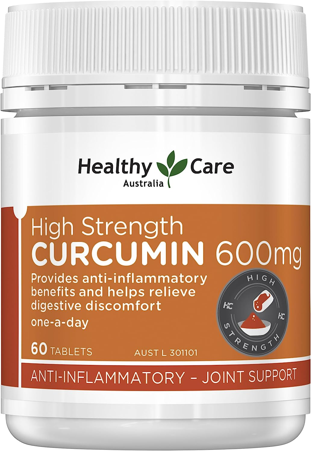 Healthy Care High Strength Curcumin Tablets - Premium Dietary Supplement for Antioxidant Support - Supports Joint and Digestive Health - Natural Curcumin - 600Mg - 60 Tablets image number 1