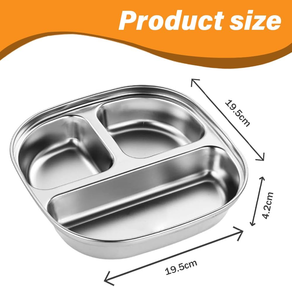 SHENMAIDAY 4-Pack Stainless Steel Small Dinner Plates, Stainless Steel Trays, Portion Control Divider Trays with Lids, 3-Compartment Lunch Divider Trays, Family Camping Metal Food Trays image number 1