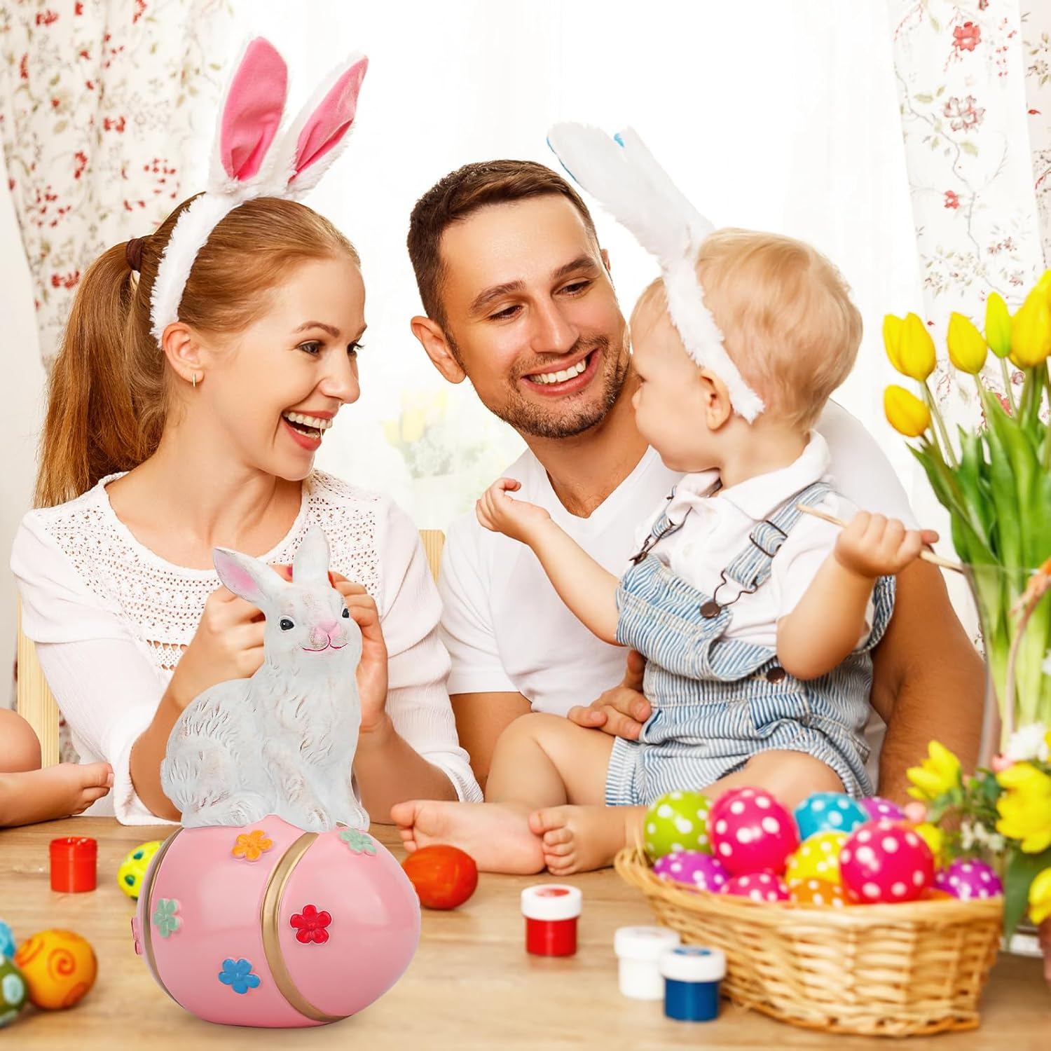 Large Rabbit Tabletop D&eacute;cor with Colorful Flowers Egg, Hand-Painted Bunny Figurine Statue for Spring Eater Party Indoor & Outdoor Decoration, Suitable Decor for Home, Office, Garden - Brown image number 6