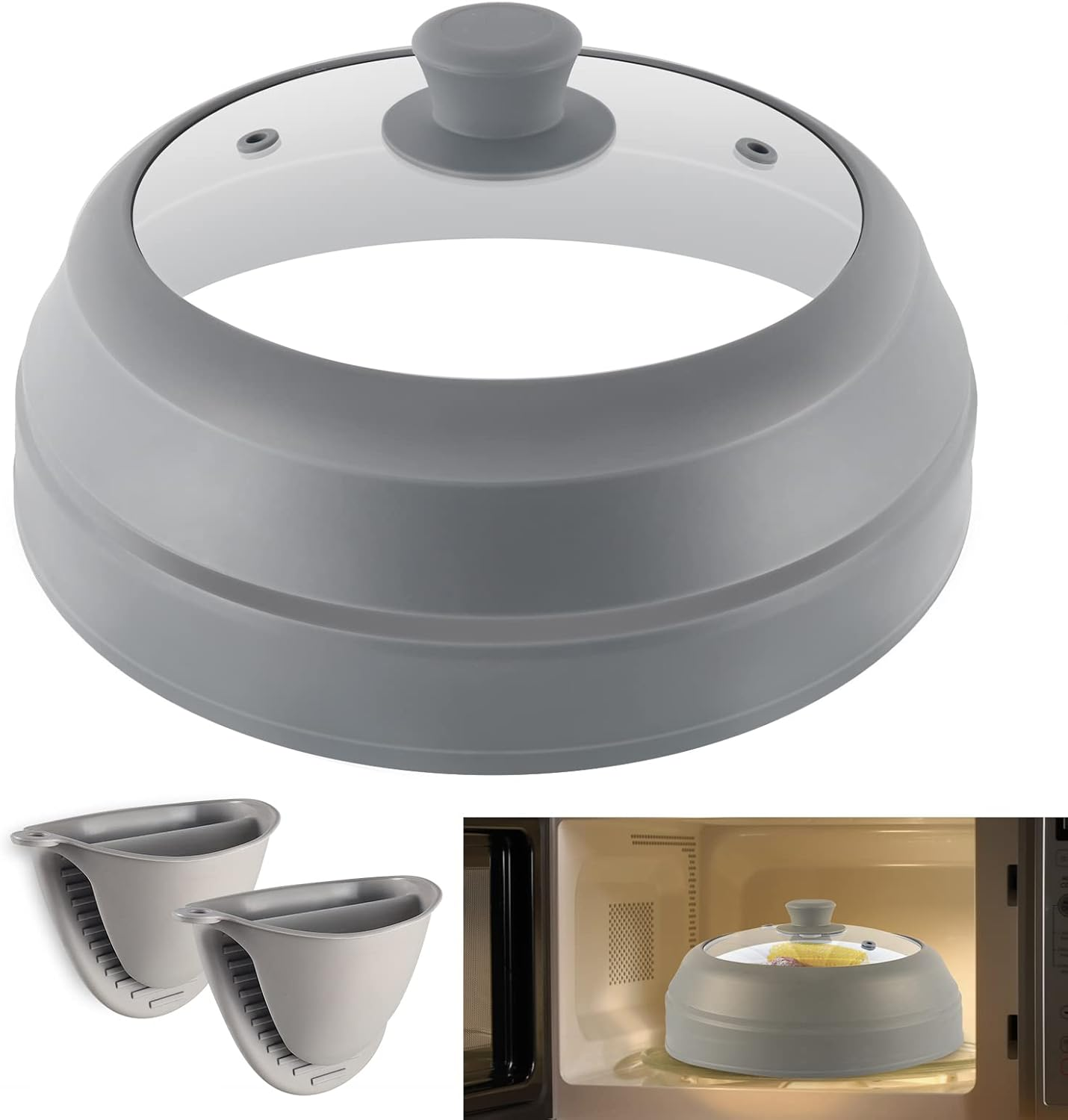 Microwave Splatter Cover for Food,10.5 Inch Collapsible Silicone and Glass Cover Splatter Guard Lid, Microwave Cover with Steam Vent,Food Grade,Dishwasher Safe image number 5