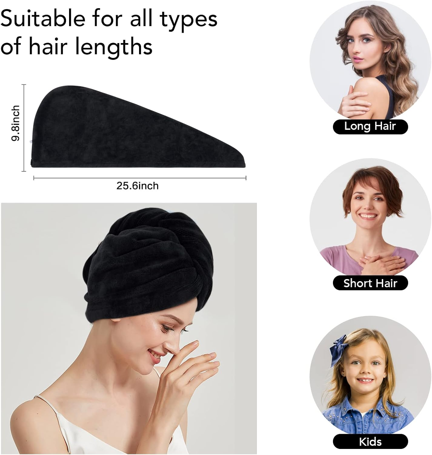Sinland 3 Pack Microfiber Hair Towel Wrap Super Absorbent Hair Turban for Women Fast Drying Hair Towels with Buttons for Drying Curly Long Thick Hair - Black image number 5