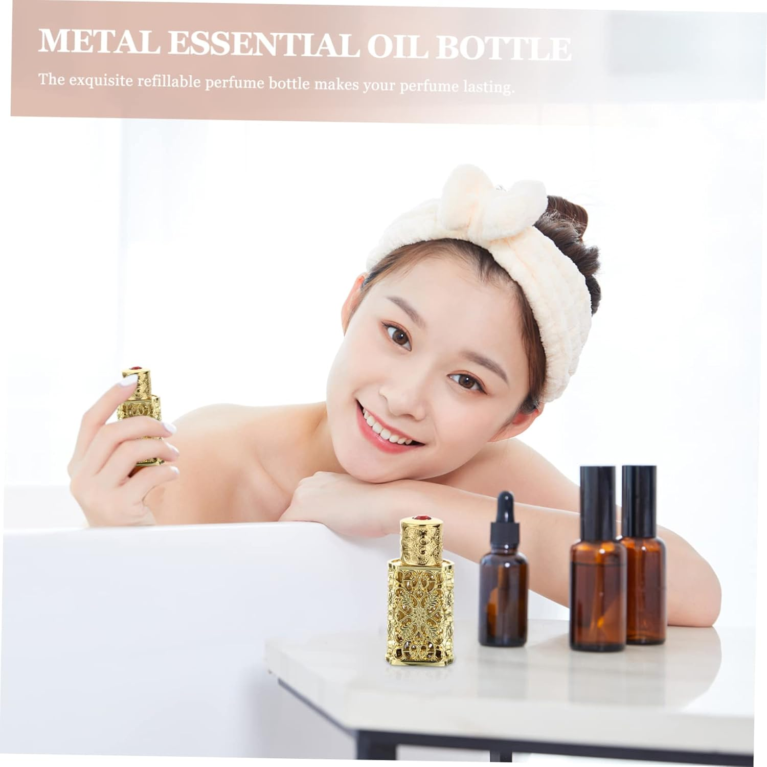 KOMBIUDA 3Ml Essential Oil Storage Bottle Metal Glass Perfume Dispenser Hollow Engraved Spray Bottle for Travel and Cosmetic Use image number 4