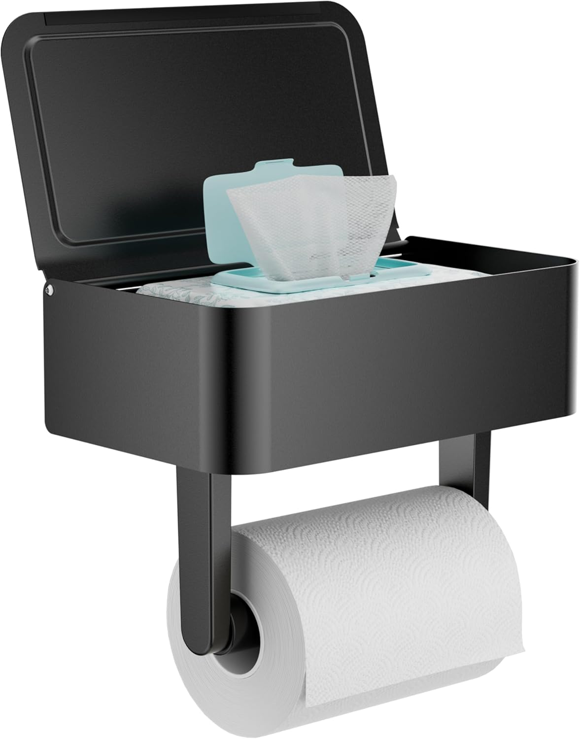 WZKALY Toilet Paper Holder with Shelf - Flushable Wipes Dispenser & Storage Fits Any Bathroom, Keep Your Wet Wipes Hidden - Stainless Steel Wall Mount Bathroom Organizer -（Matte Black, Regular Roll）