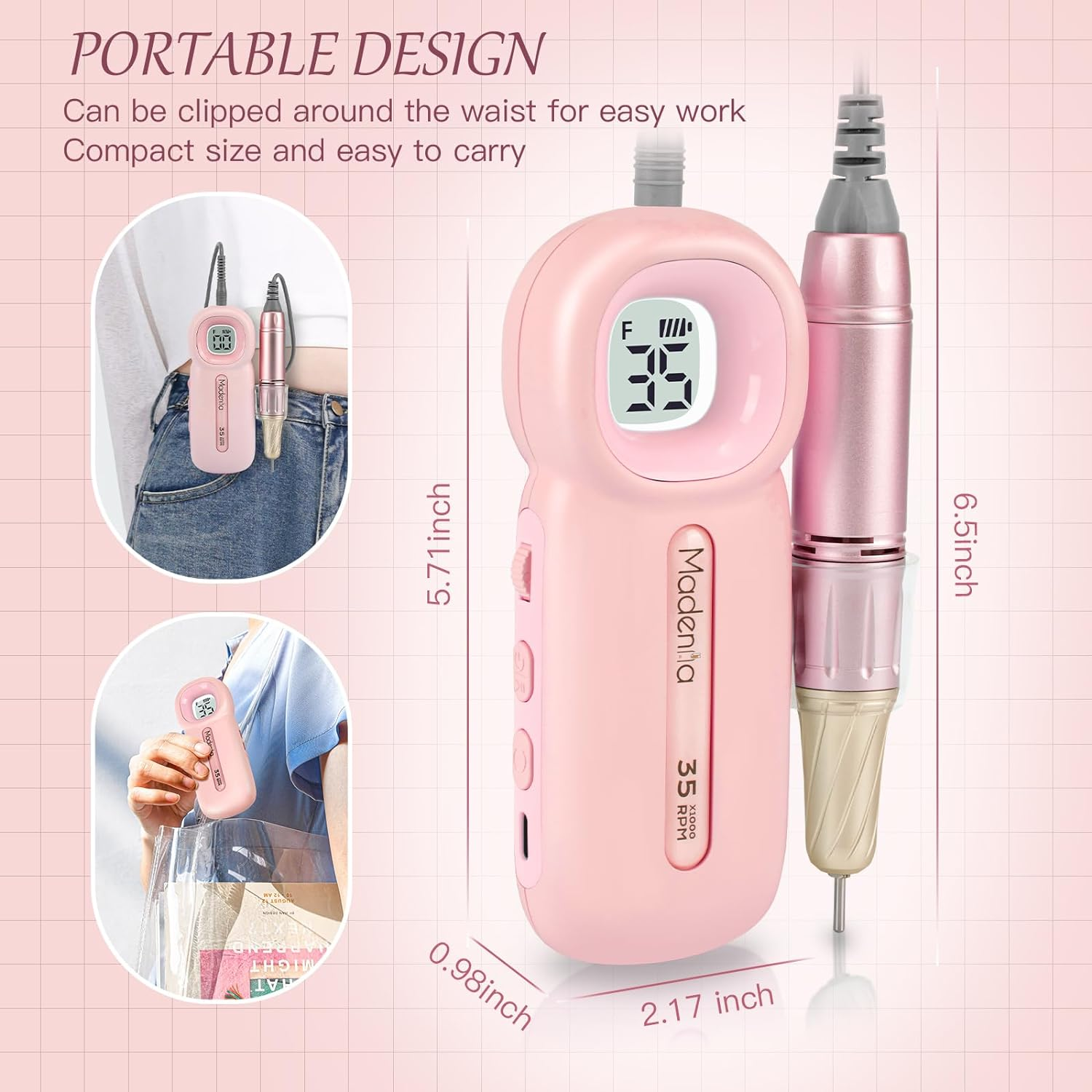 Madenia Rechargeable Electric Nail Drill Professional Portable E File Machine for Acrylic Gel Nails, Cordless Manicure Pedicure Polishing Tools, Pink