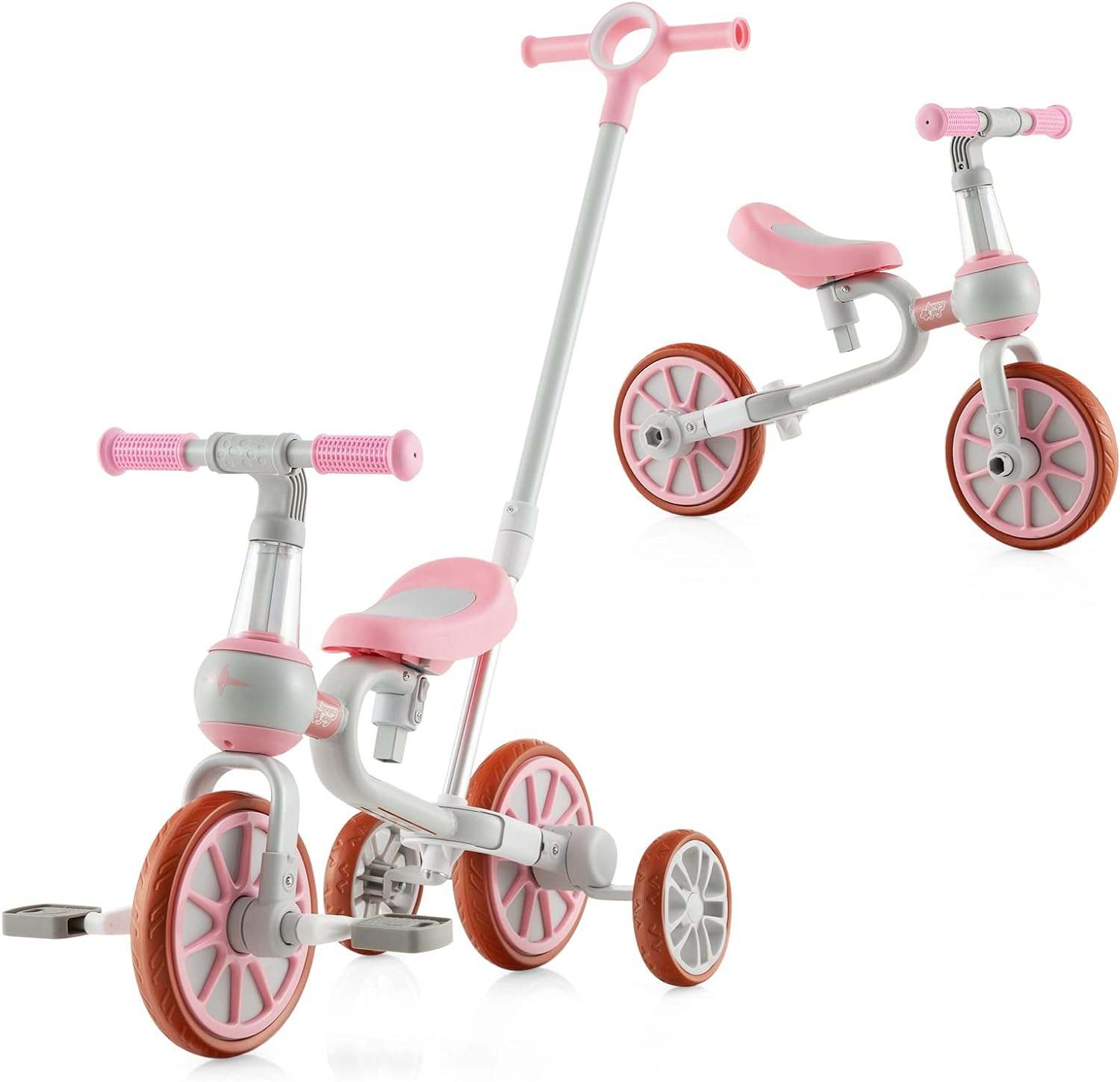 HONEY JOY 4-In-1 Toddler Tricycle, Kids Training Balance Bike W/Adjustable Parent Handle, 2-Level Seat Height & Reversible Handlebar, Push Trike for Toddlers 3-4 Years Old (Pink)