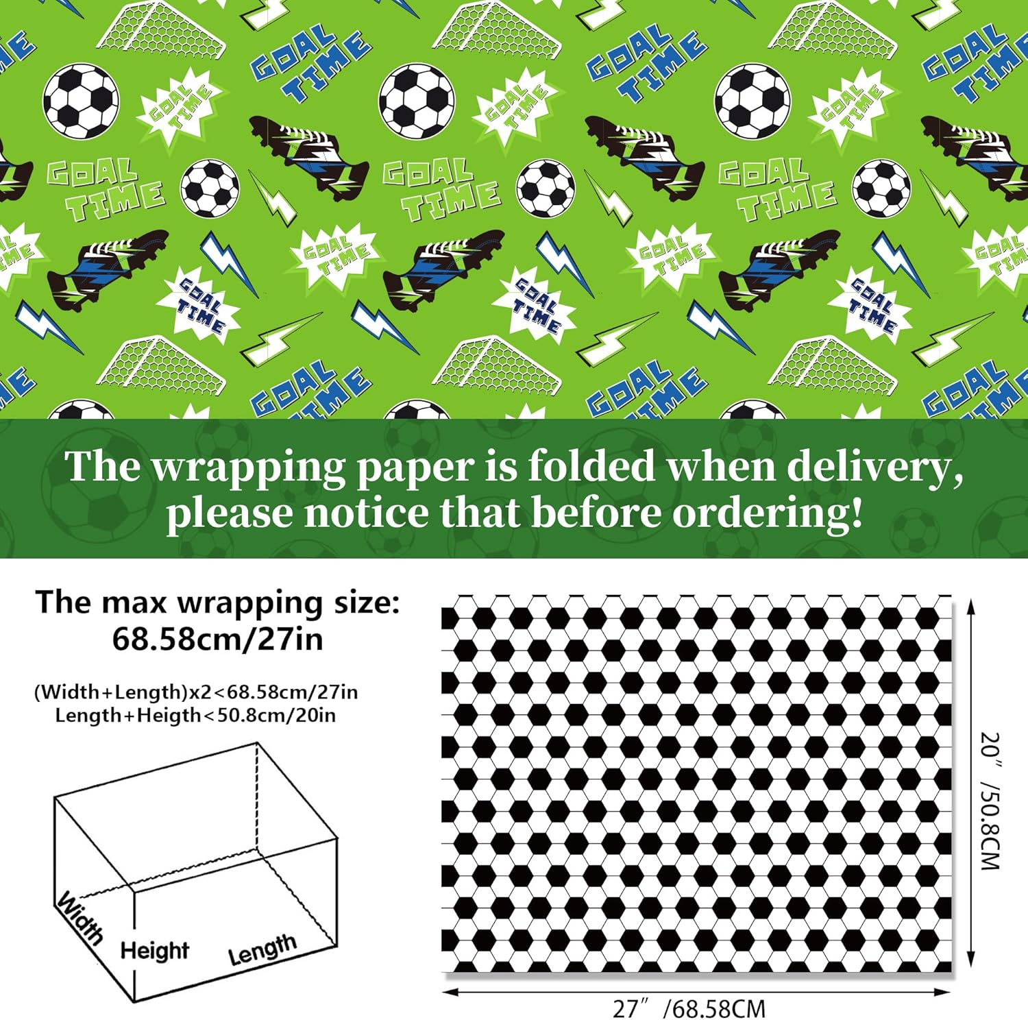 PQCLXUYA 12 Sheets Football Wrapping Paper,Boys Men Birthday Wrapping Paper Sheets with Sport Soccer Green White Mixed Design for Boys Girls Birthday Presents Party, Football Fans Gift (70X50Cm) image number 2