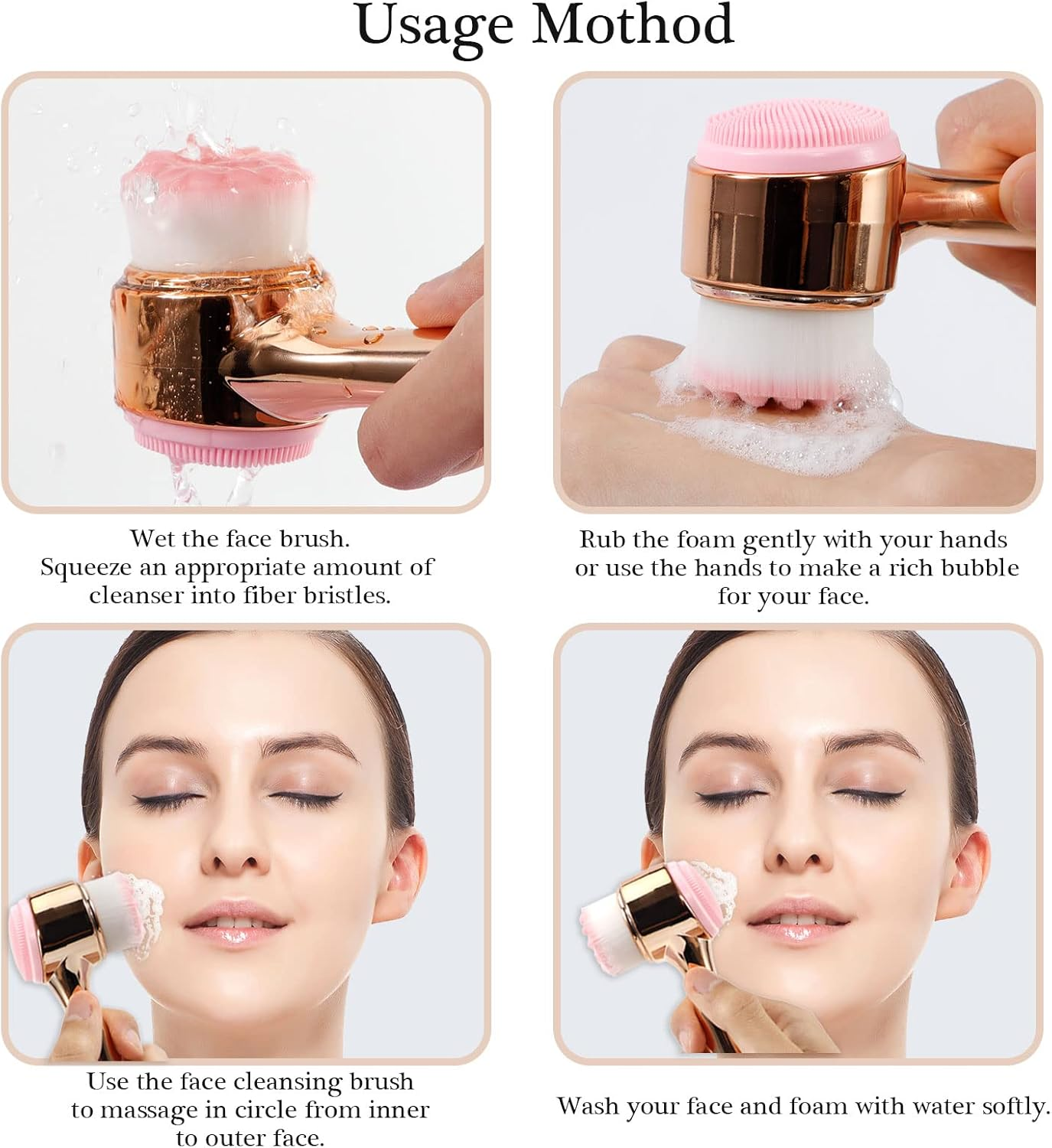 Beomeen Face Brush 2 in 1, Facial Cleansing Exfoliating Brush with Ultra Fine Soft Bristles for Pore Deep Cleansing Silicone Double Side Face Wash Scrub Brush for Skin Care, Gold image number 5