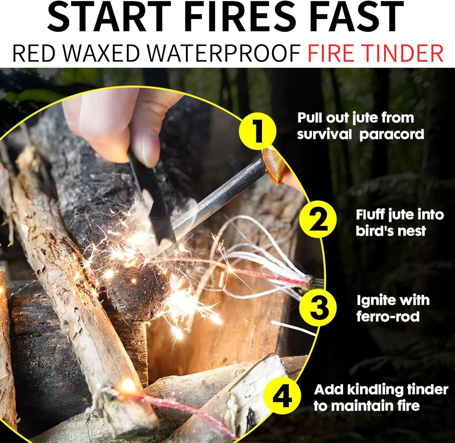 100FT Survival Paracord 550 Fire Paracord Survivor Cord Nlyon Rope 10 Strands US Military Type III 550 Parachute Cord with Integrated Fishing Line, Fire-Starter Tinder 4 in 1 image number 2