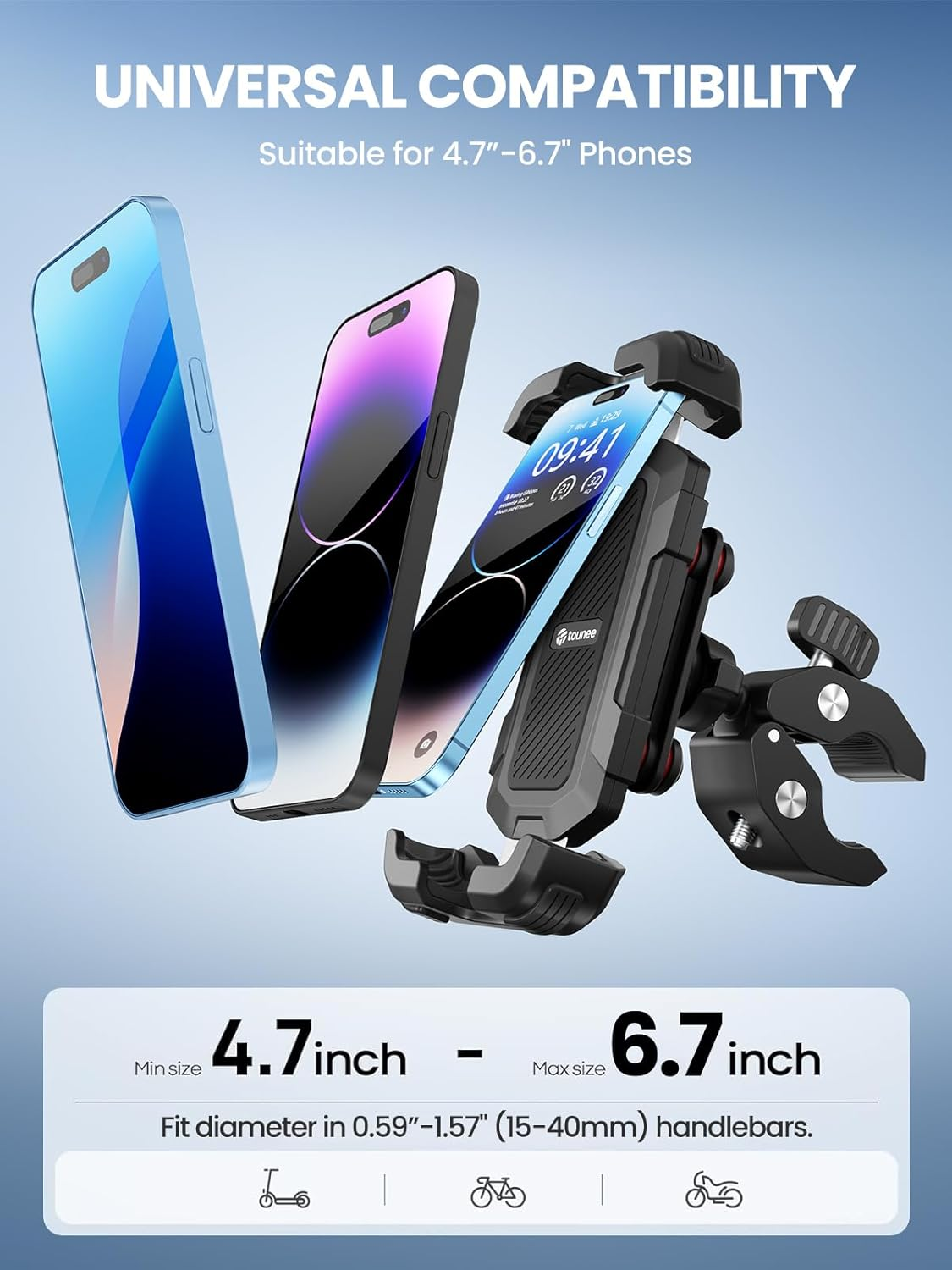 Tounee Bike Motorcycle Phone Holder Mount -Dual Vibration Dampener, Tool-Free Handlebar Clip & Secure Lock for Iphone 16/15 Pro Max, 4.7-6.9" Phones - Black image number 1