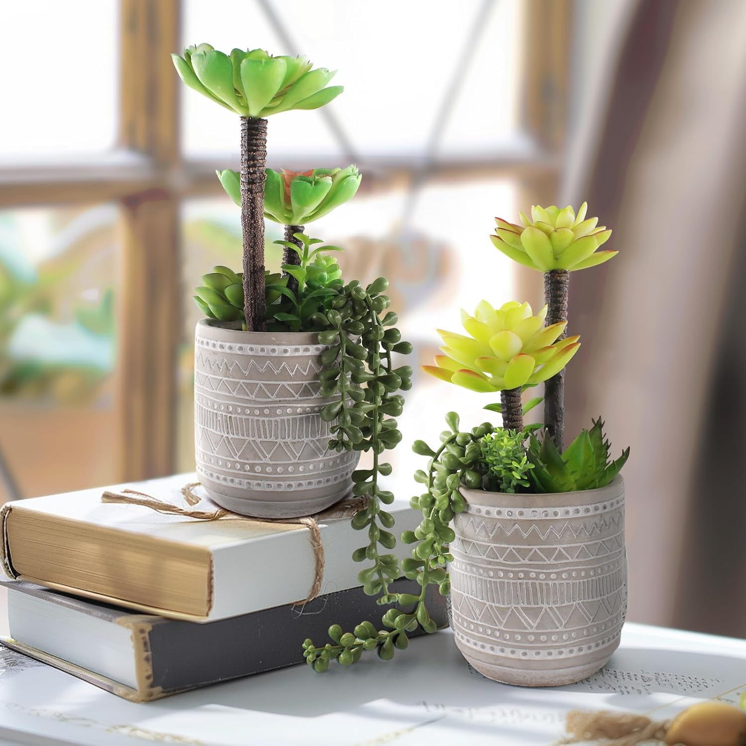 Artificial Succulents 11 Inch Fake Green Plants Premium Realistic Textured Faux Succulents String of Pearls Potted Ceramic Plant for Home Decor Table Centerpiece ﻿ image number 1