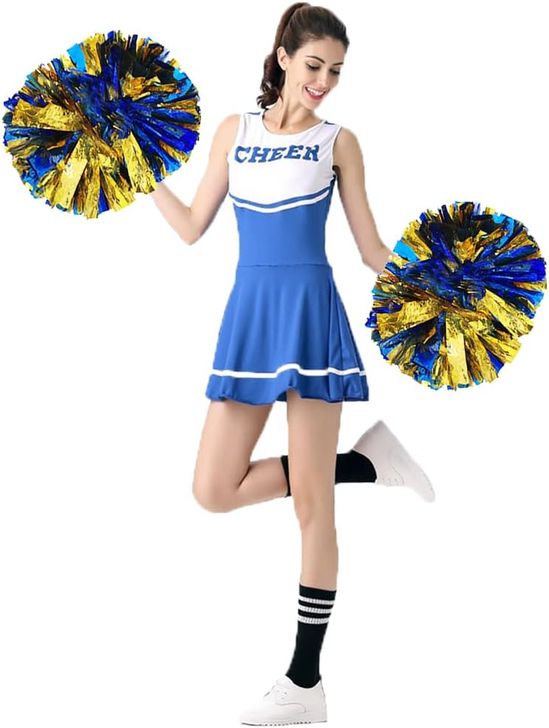 4 Pack Cheerleading Pom Poms,Metallic Cheer Pom Poms with Training Baton Handle for Team Sport Spirit Squad Bulk Cheerleaders(Blue and Gold)