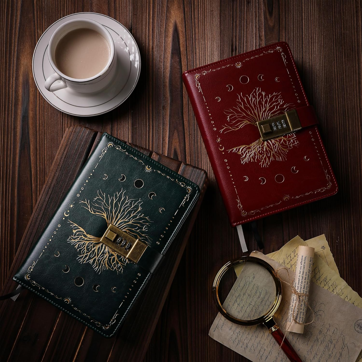 TIEFOSSI Diary with Lock, Tree of Life Vintage Journal with Lock for Women Men, A5 Refillable Notebook with Lock for Writing, 224 Numbered Pages - Green image number 3