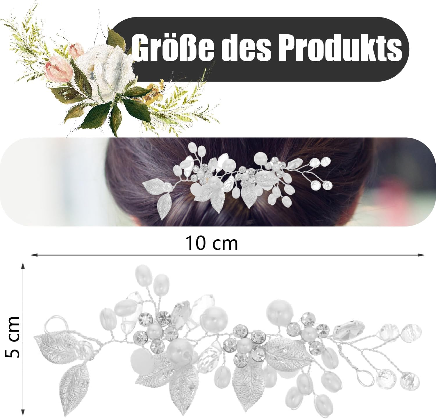 Esshogo Flower Leaf Headpiece, Silver Wedding Crystal, Silver Crystal Headband, Silver Crystal Hair Accessories, Wedding, Hair Accessories for the Bride image number 5