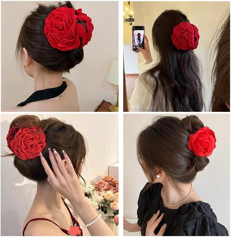 Large Rose Flower Claw Clip for Women Girls Red Rose Hair Clips for Women Girls Rose Claw Clips for Hair Decorations for Long Short Hair Styling Clips for Women Girls image number 6