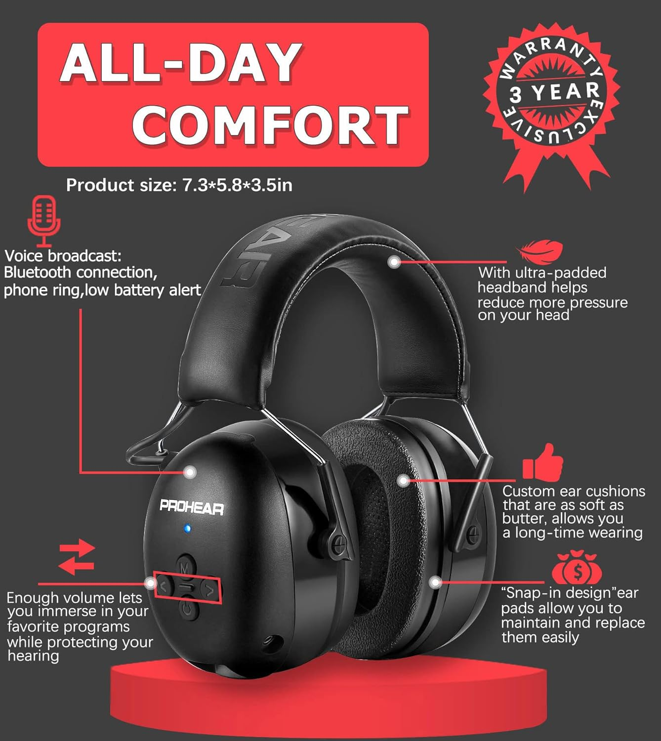 PROHEAR 037 Bluetooth 5.0 Hearing Protection Headphones with Rechargeable 1100Mah Battery, 25Db NRR Safety Noise Reduction Ear Muffs 40H Playtime for Mowing, Workshops, Snowblowing - Black image number 1