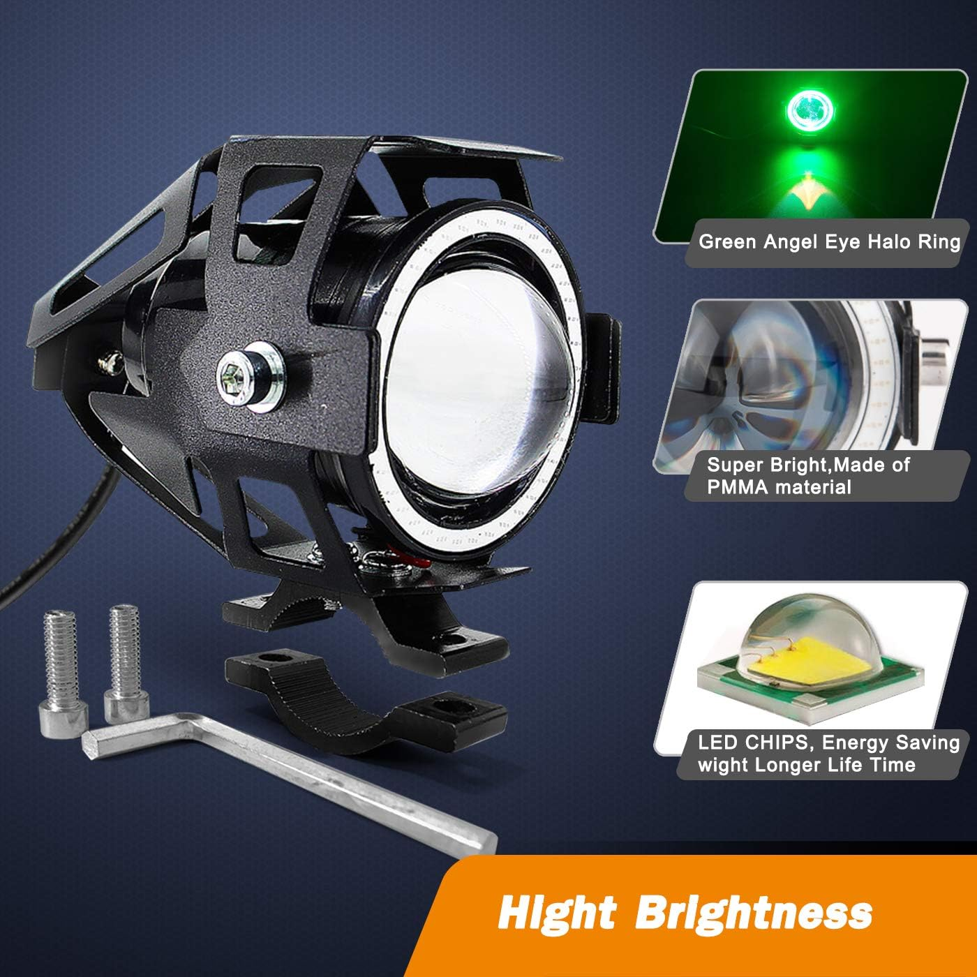 Motorcycle LED Fog Lights U7 Spotlight Daytime Running Lights with Green Angel Eyes Halo Ring and Switch 2-Sets