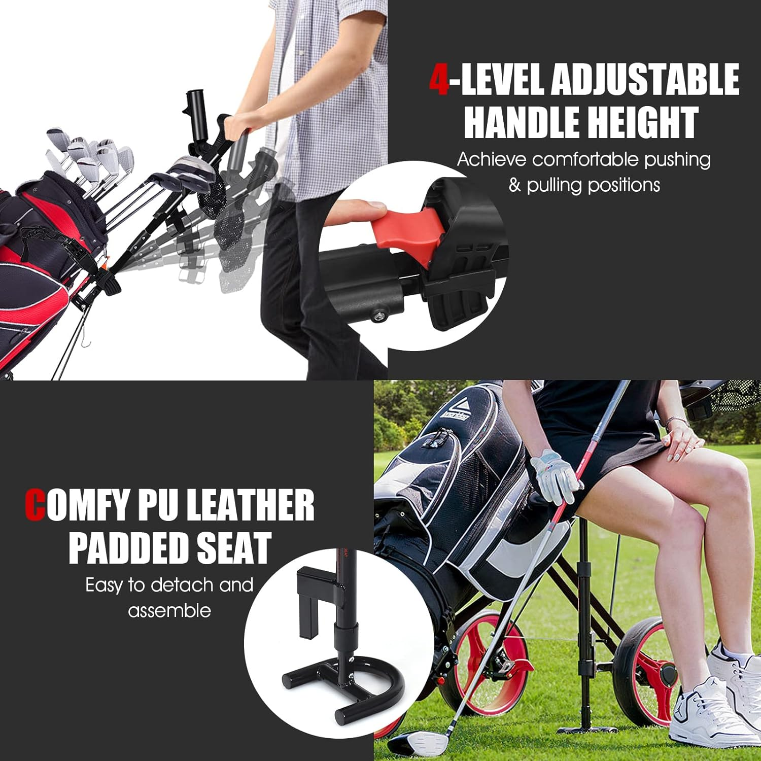 Costway 3-Wheel Folding Golf Push Cart, Multifunctional Push Pull Golf Trolley with Adjustable Handle, Padded Seat, Scoreboard, Cup Holder & Umbrella Holder image number 4