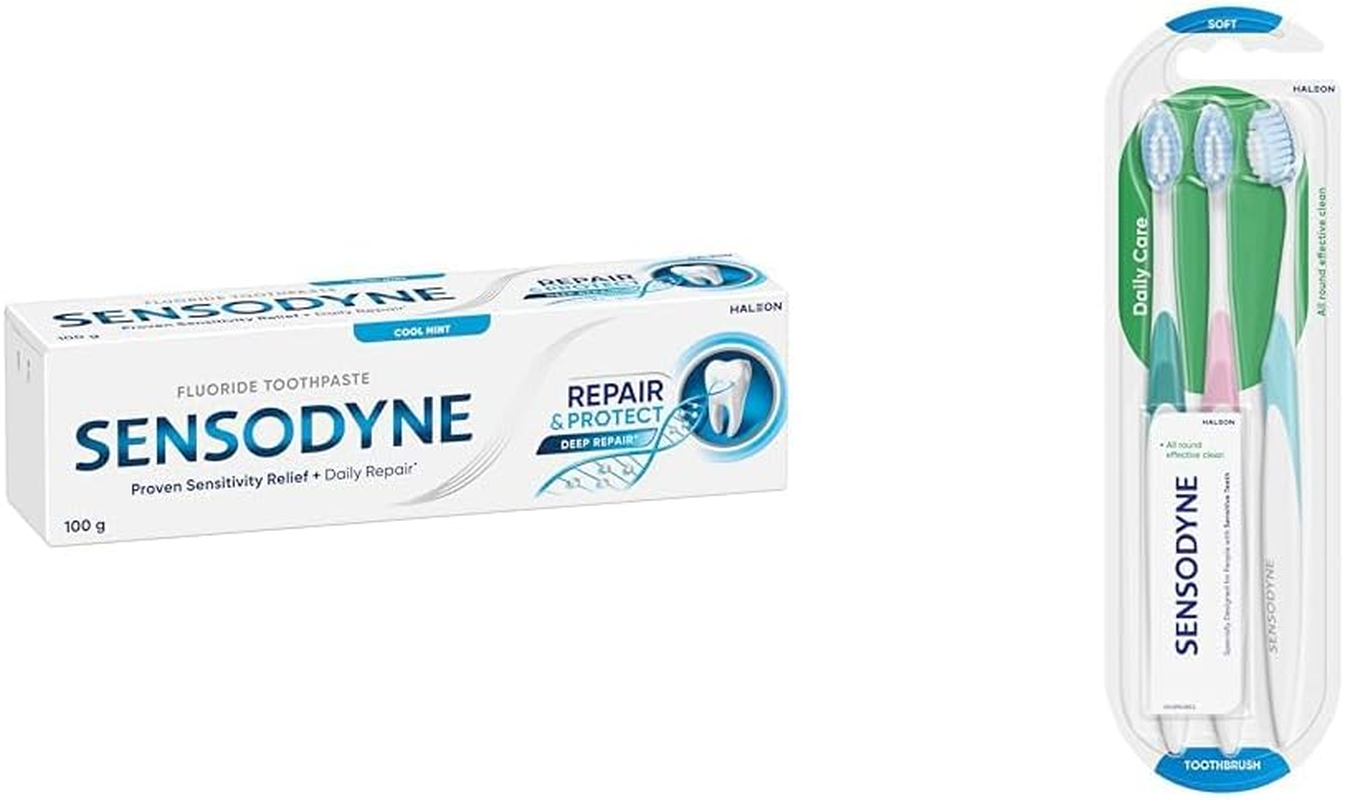 Sensodyne Repair & Protect Toothpaste, 100G & Daily Care Sensitive Toothbrush Soft, 3 Pack Bundle